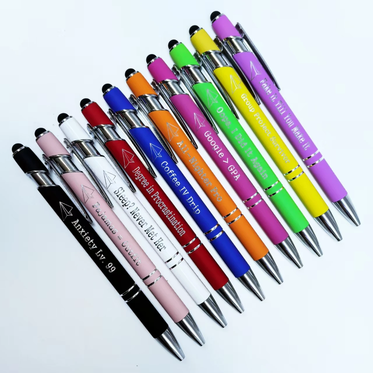 

10PCS Back-to-school season Metal pens, humorous phrases, metal engraved Ballpoint pens, touch screen with pattern engraved pens