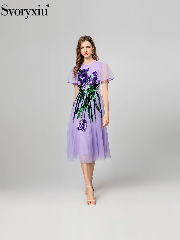 

Svoryxiu Summer Fashion Violet Elegant Net Yarn Midi Dress Women's O-Neck Short Sleeve Floral Sequins High Waist A-Line Dresses