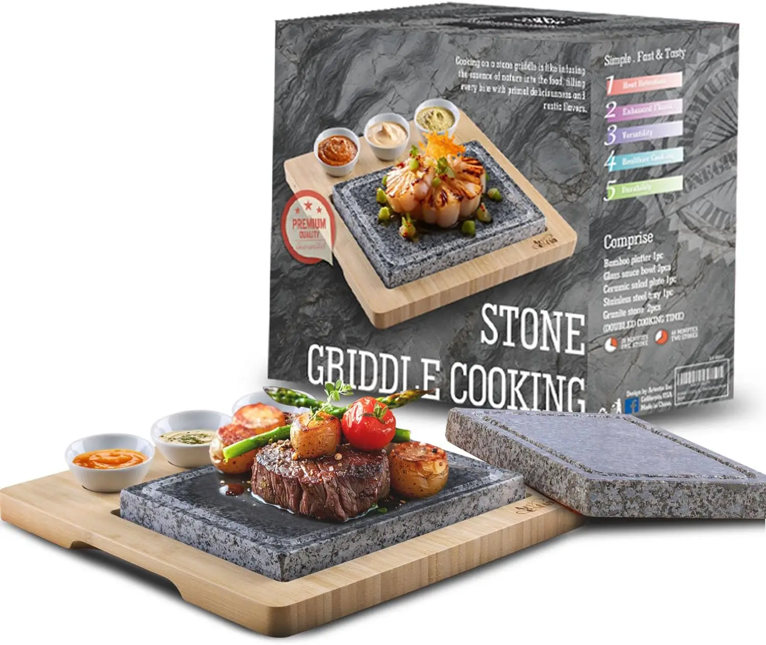 

Natural Granite Steak Stone Grill Set - 2 Stones with Bamboo Tray & Bowls for Indoor Outdoor BBQ