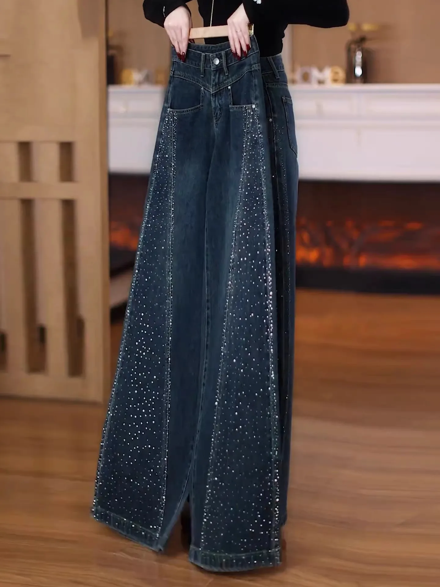 

High Waist Wide Leg Jeans Women Loose Cover Hip Slimming Diamond Embellished Denim Pants Tummy Concealing Fashionable Long Tr...