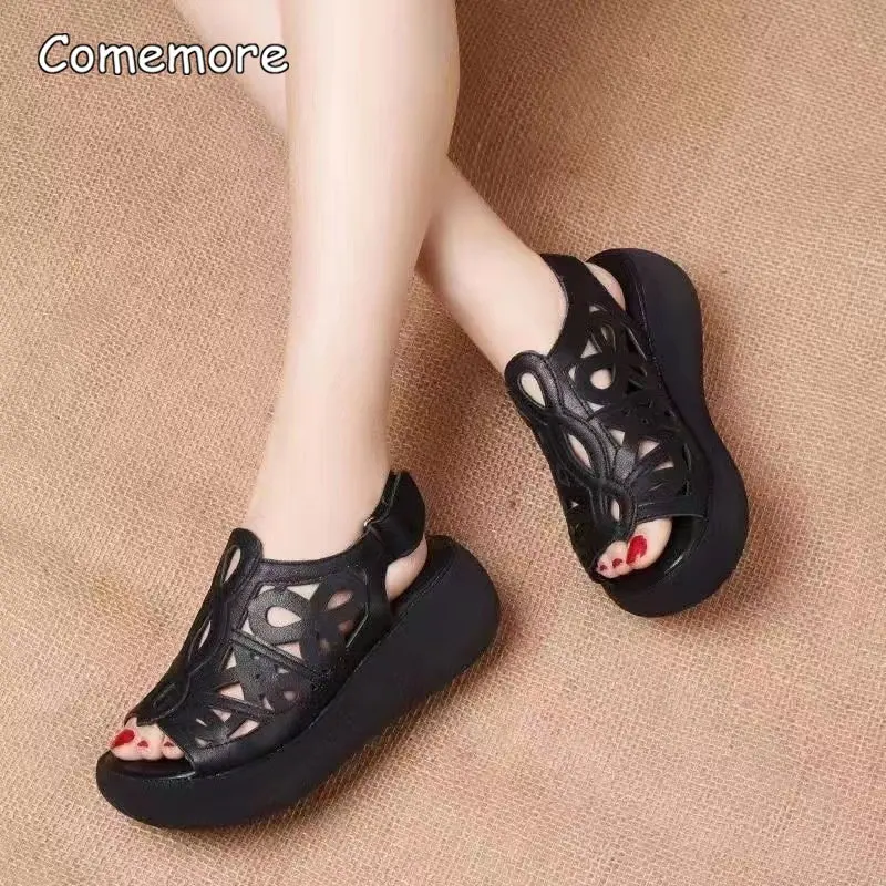 Comemore Women Soft Leather Wedges Heels Shoes for Women Summer Retro Sandals 2023 Casual Shoes Female Sandal Wedge Sandalias 41