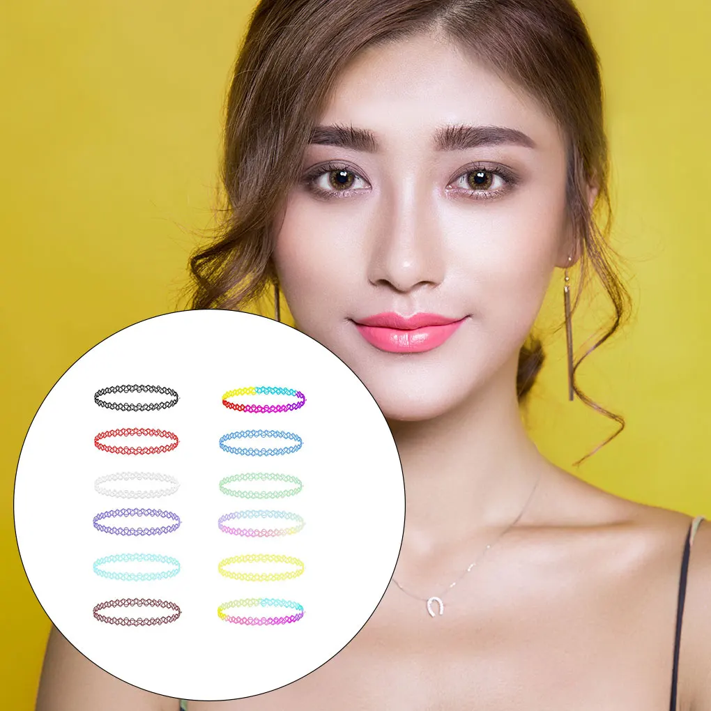 12 unidades/pacote gargantilhas arco-íris oco para fora colares amigáveis à pele leve portátil estiramento punk coleiras elásticas