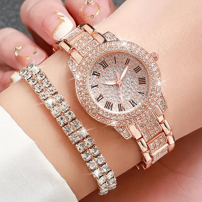 Luxury fashion alloy full diamond Roman quartz watch with double row diamond bracelet gift set