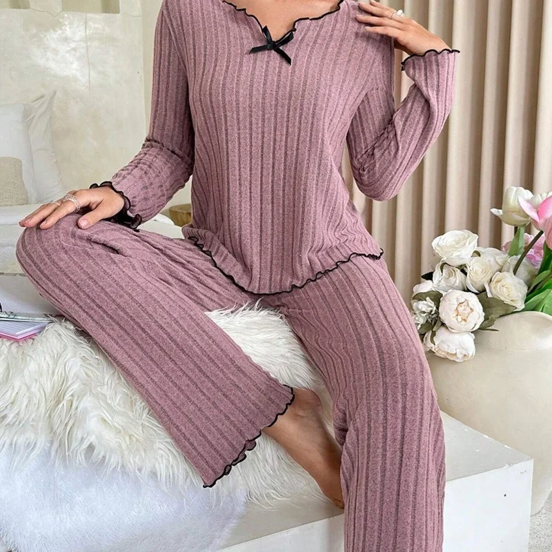 Spring and Autumn New Women\'s Pajamas Home Wear Suit Pop-Up Leisure Home Suit Pit Strip European and American Style Home Wear