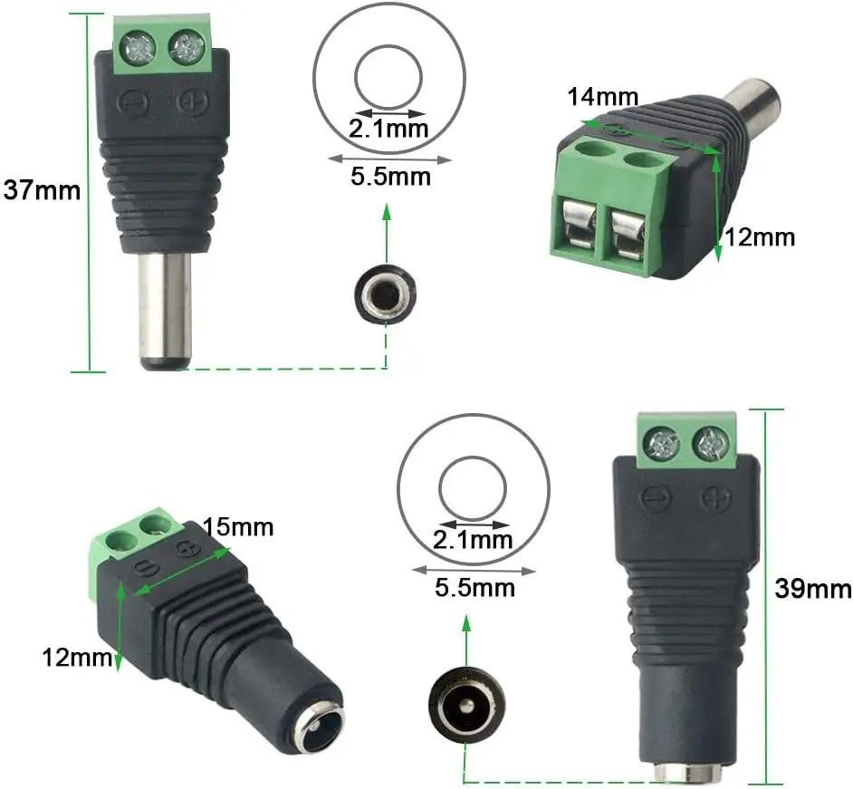 LED Connector Male+Female 2.1x5.5mm 12V DC Power Jack Plug Adapter Connector for Led Strip CCTV Security Camera Cable Wire Ends