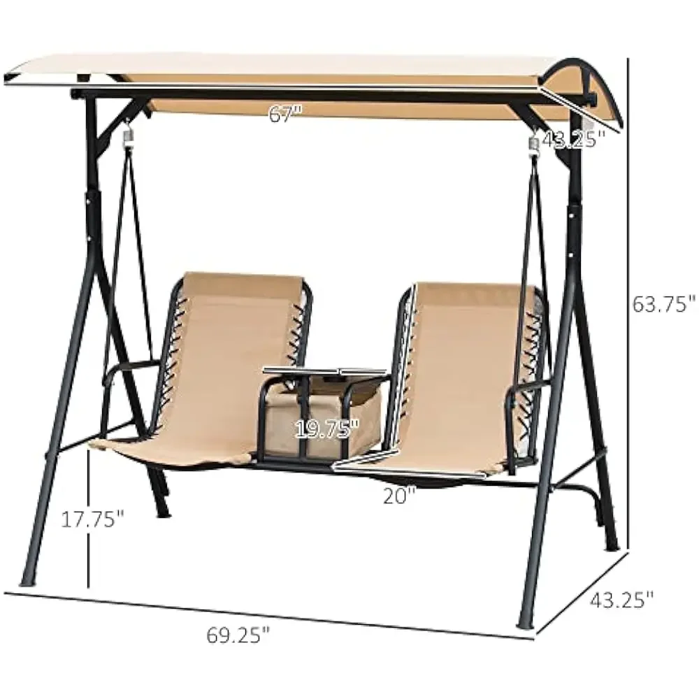 

2-Seat Patio Swing Chair, Outdoor Canopy Swings Glider with Pivot Storage Table, Cup Holder, Adjustable Shade, Patio Swing