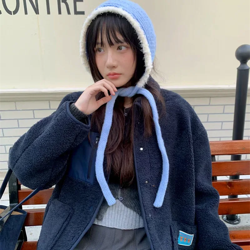 Penutup Telinga Rajutan Hangat Gaya Korea Musim Gugur/Dingin Wanita Tebal Lucu Penutup Telinga Bulu Halus Syal Aksesori Perjalanan Luar Ruangan