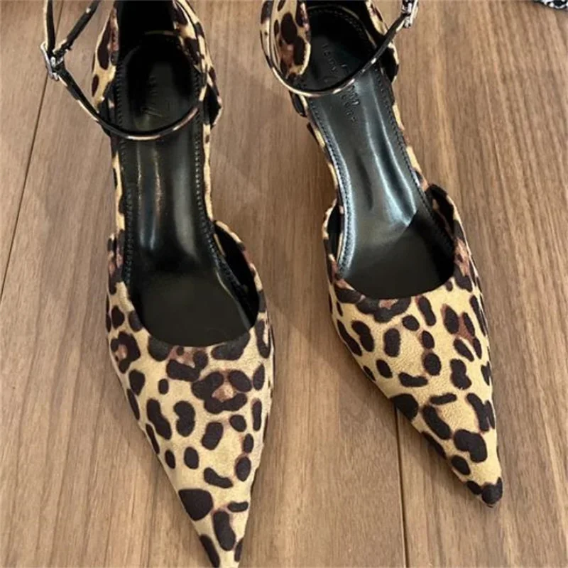 

Leopard Shoes For Women Pointed Toes High Heels Ankle Strap Female Pumps Ladies Belts Buckle Tacones Sewing Lines Chassure Femme