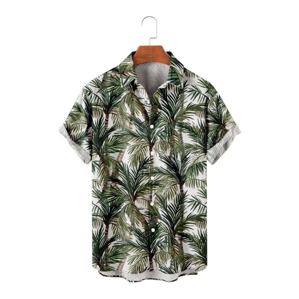 Oversized 4XL Tops 2023 Summer Beach Coconut Tree Printed Short Sleeve Pocket Shirt Men's Hawaiian Shirt  Camisas Masculinas