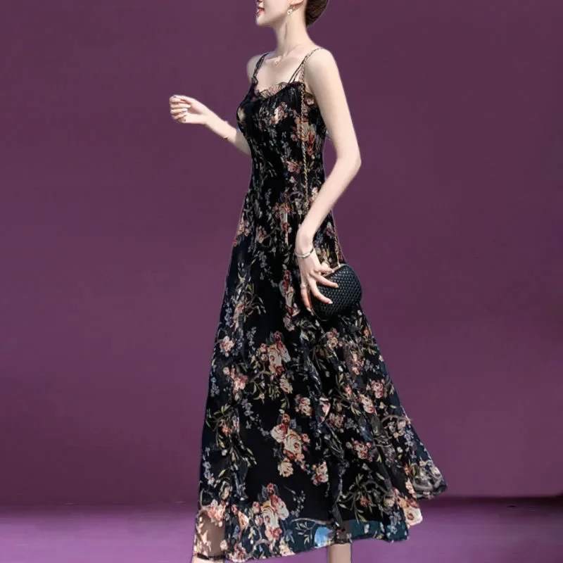 Français femme grande taille 4XL imprimé fleuri a-ligne robes été dames en mousseline de soie Maxi robe 2025 femmes bretelles longues robes
