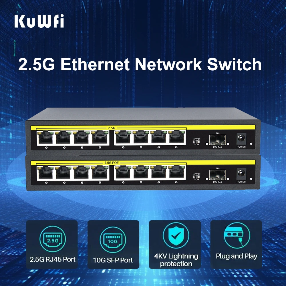 KuWFi POE Switch 2.5G 8 Ports Network Standard POE Ethernet Switch with 2*10G SFP Port For CCTV IP Camera/Wifi Router