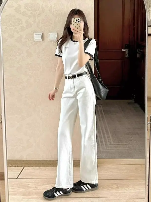 

High Waist Wide Leg Skinny Straight Floor Length Jeans Women's Summer New Style Slimming Drapey White Denim Casual Trousers