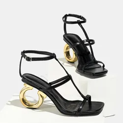 Women Shaped Heel  Sandals Pointed Toe Narrow Band Design Sandals Ankle Buckle Strap Clip Toe Roman Casual Beach Shoes Summer