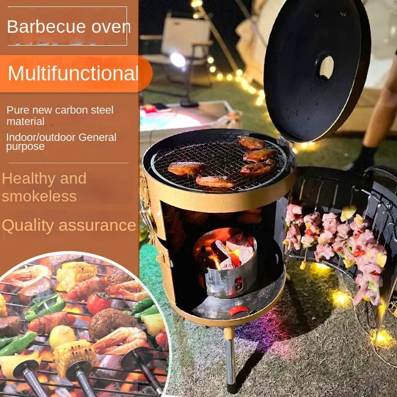 Household Smokeless Barbecue Hanging Furnace Camping Kebabs Indoor Thickening Grill Rack Charcoal round Barrel Oven