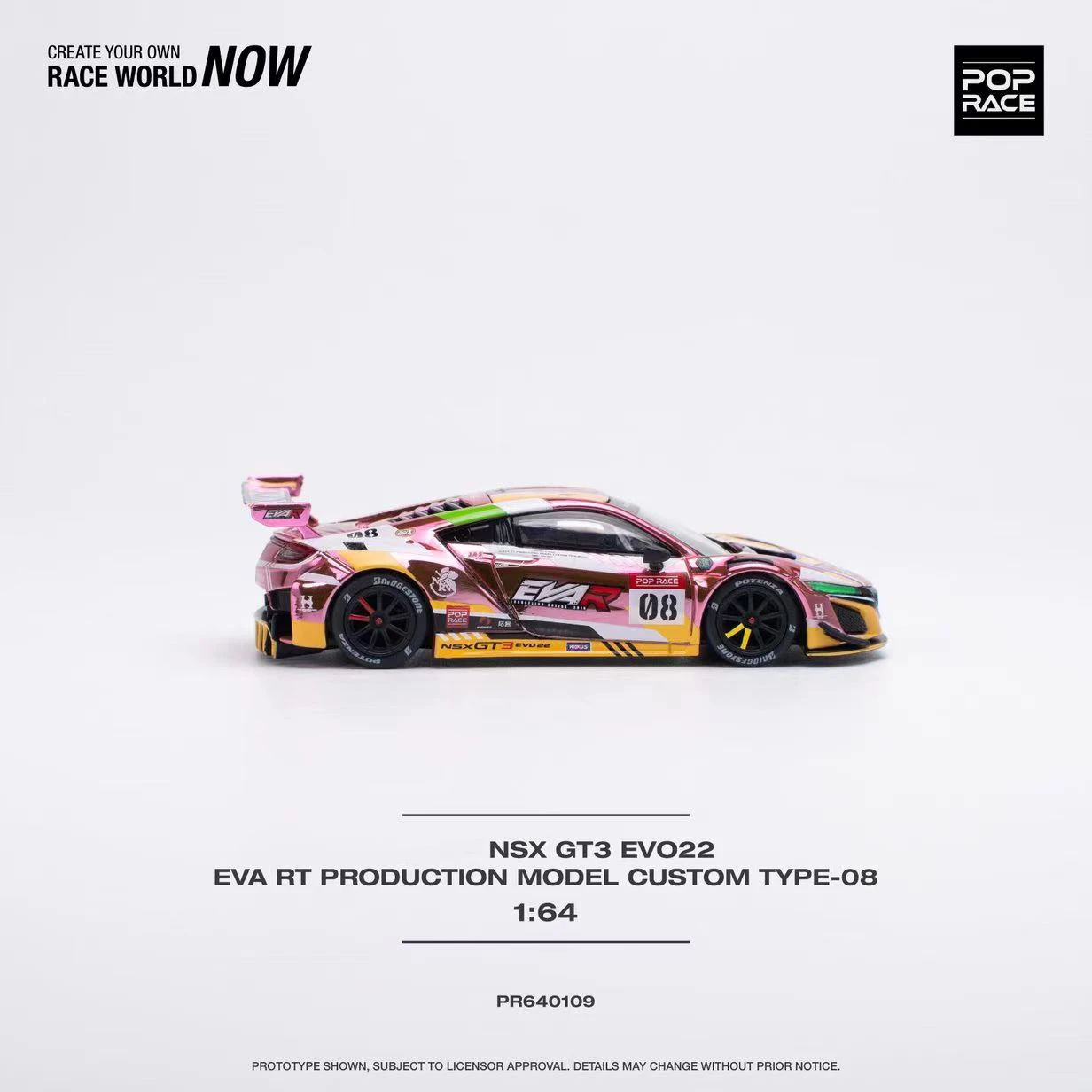 سباق البوب NSX GT EVO R EVA PinkYellow دييكاست نموذج ، مجموعة ألعاب كاروس مصغرة ، متوفرة في المخزن ، 1:64