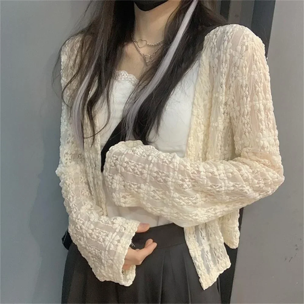 Fashion Summer cardigan Simple Office Ladies Blouses Women Lace Summer Sun-proof Thin Loose All-match Basic long sleeve Tops