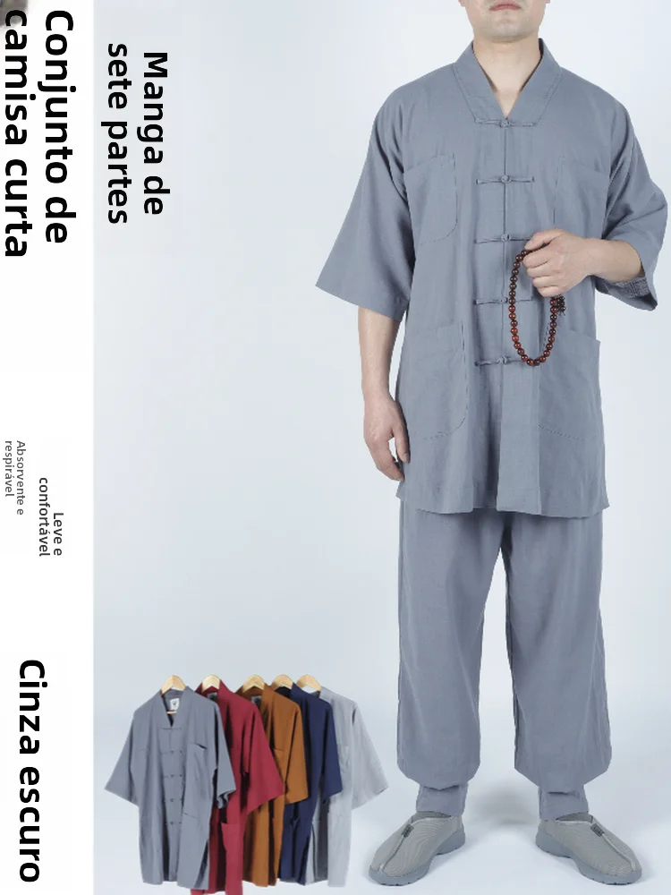 summer-cotton-linen-monastic-outfit-short-sleeve-set-men-women-monastery-sweat-absorbent-breathable-loose-fit-casual-wear