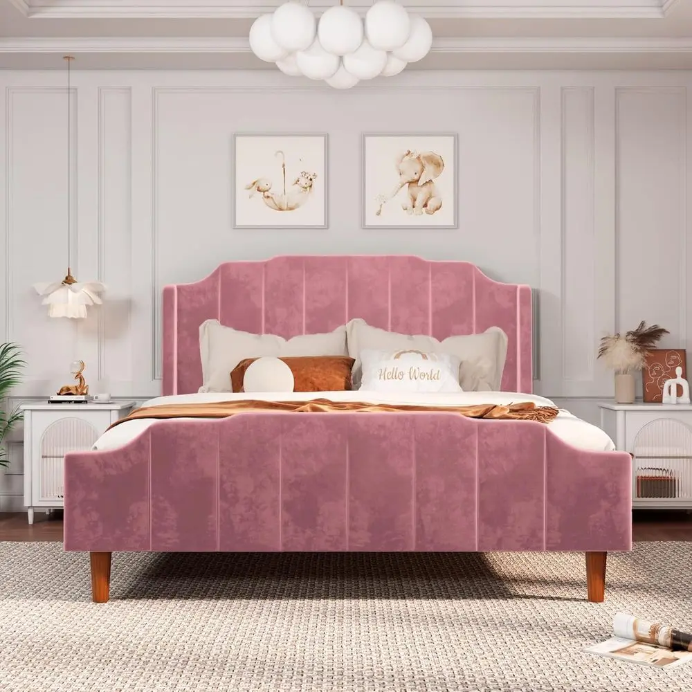 Pink Velvet Queen Platform Bed Frame with Vertical Headboard, Solid Wood Legs, No Box Spring, Easy Assembly