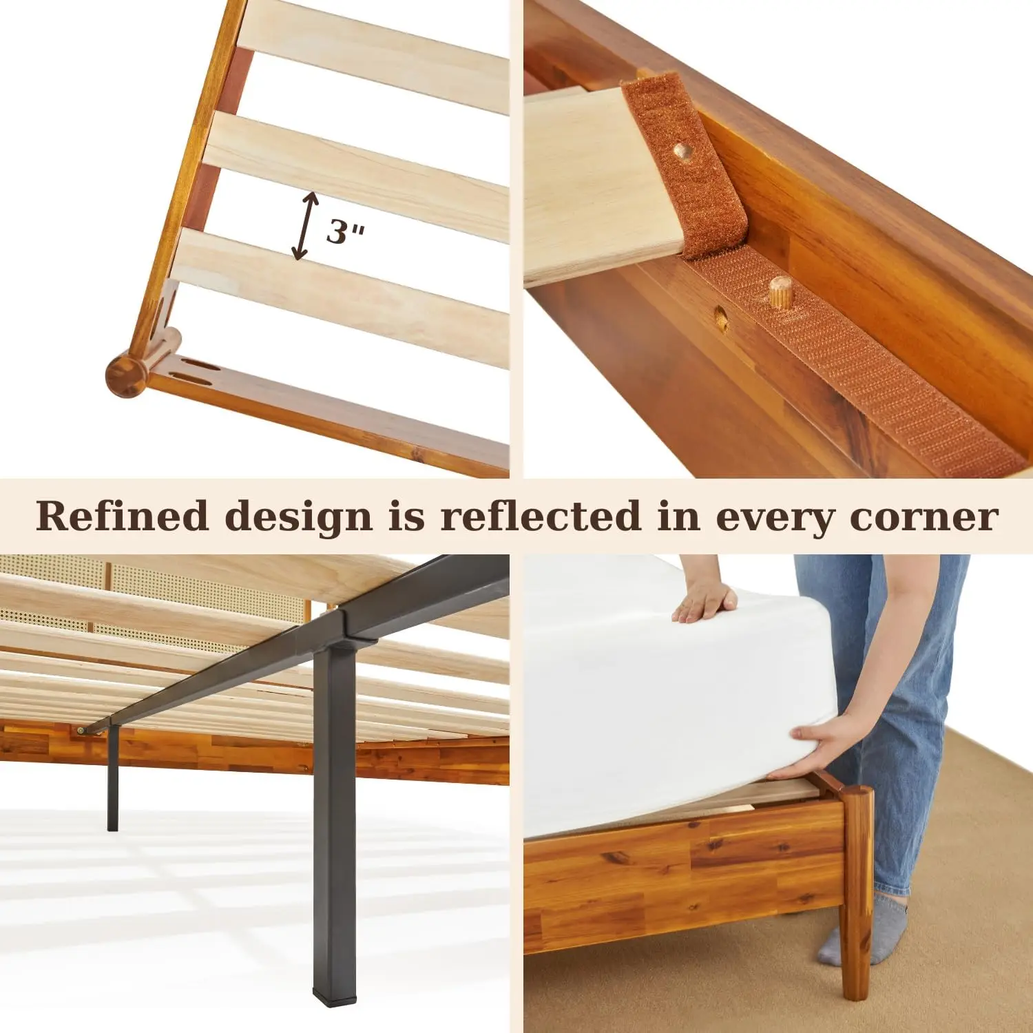 Oliver Headboard Queen Size Bed Frame - 15-Inch Signature Design with Rattan Headboard Bohemian and Mid Century Style 12-Slat Wo