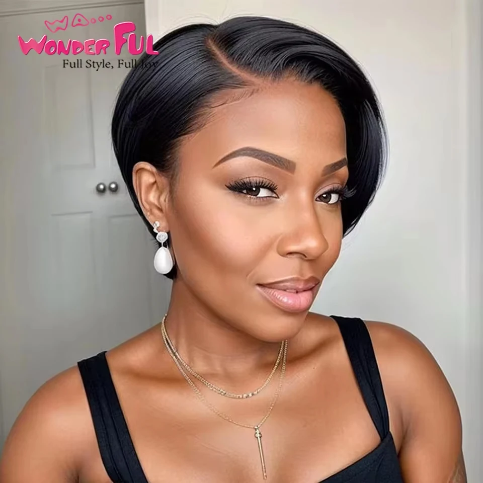 Pelucas de cabello humano de encaje de corte Pixie corto, pelo Remy brasileño liso Bob para mujeres negras con raíz negra, pelucas de encaje cortas para mujer