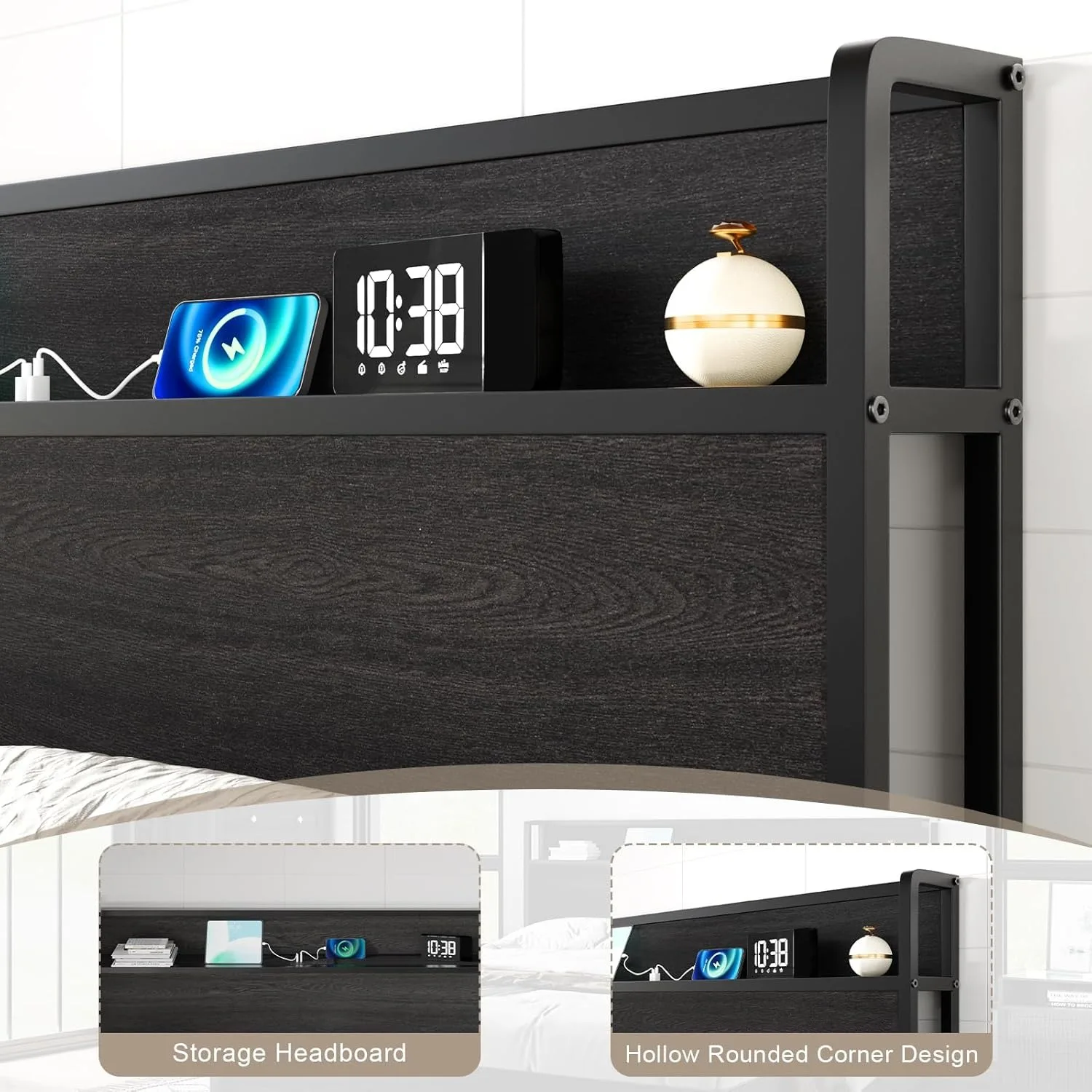 Full Size Lift Up Storage Bed Frame, Wooden Platform Bed Frame with Lifting Storage & Charging Station, No Spring Box Needed