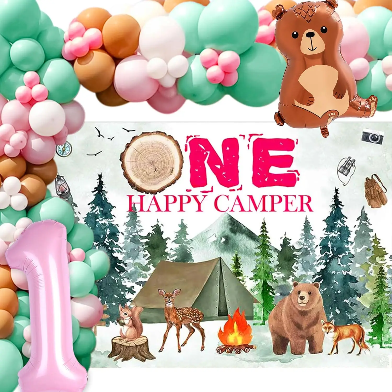 LaVenty One Happy Camper Birthday Decoration Bear Balloons Decoration Happy Camper 1st Birthday Balloons Banner