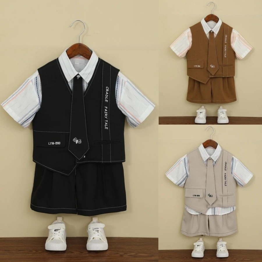 Sommeranzug-Set für Teenager-Jungen mit Weste, Shorts, gestreiftem Hemd und Krawatte, lässiges formelles Outfit für Kinder, mit Buchstabendruck, 3 Farben, 4-12 Jahre