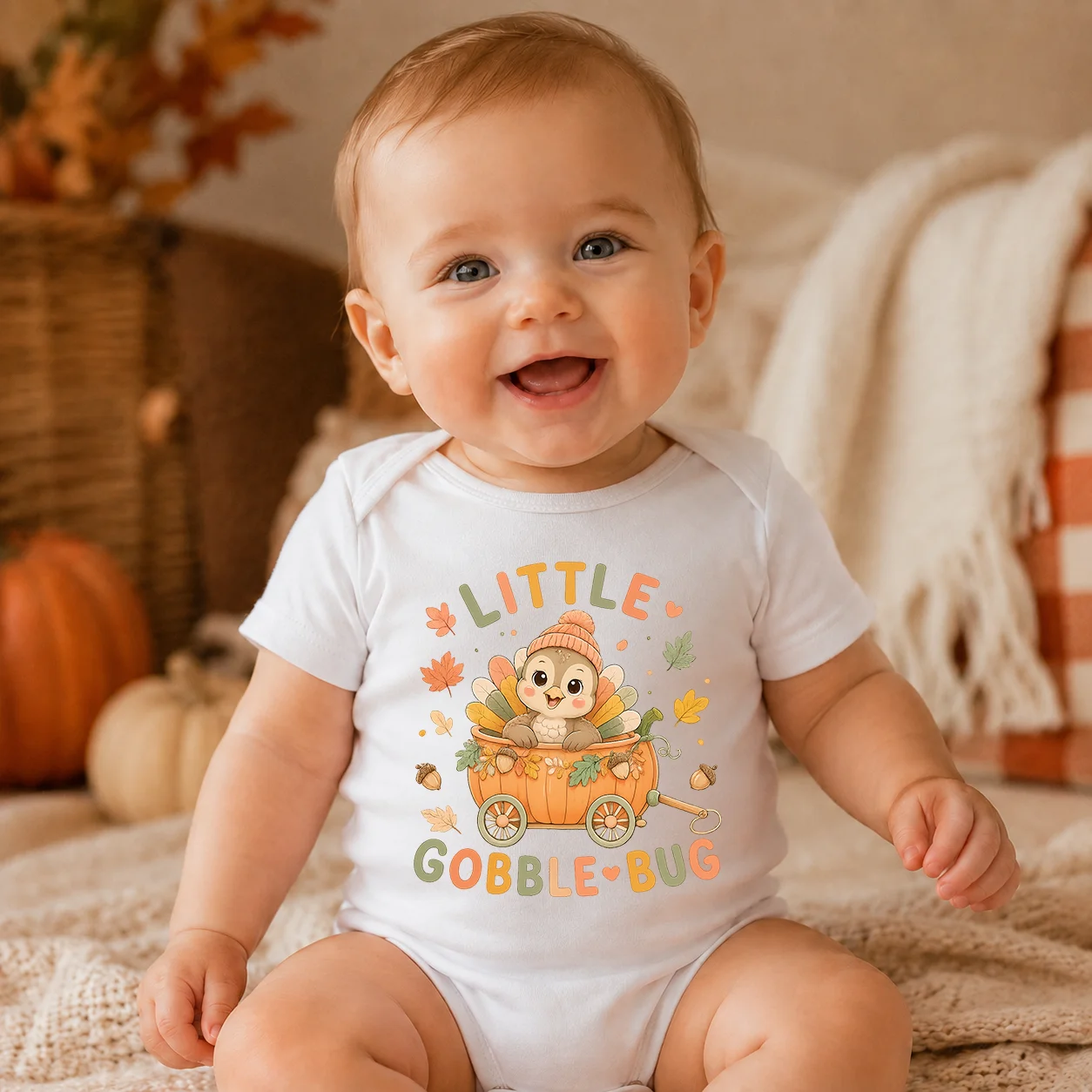 Little Gobble Bug Turkey Baby Bodysuit Short Sleeve Newborn Thanksgiving Outfit Cute Fall Pumpkin Print Infant Romper Baby Showe