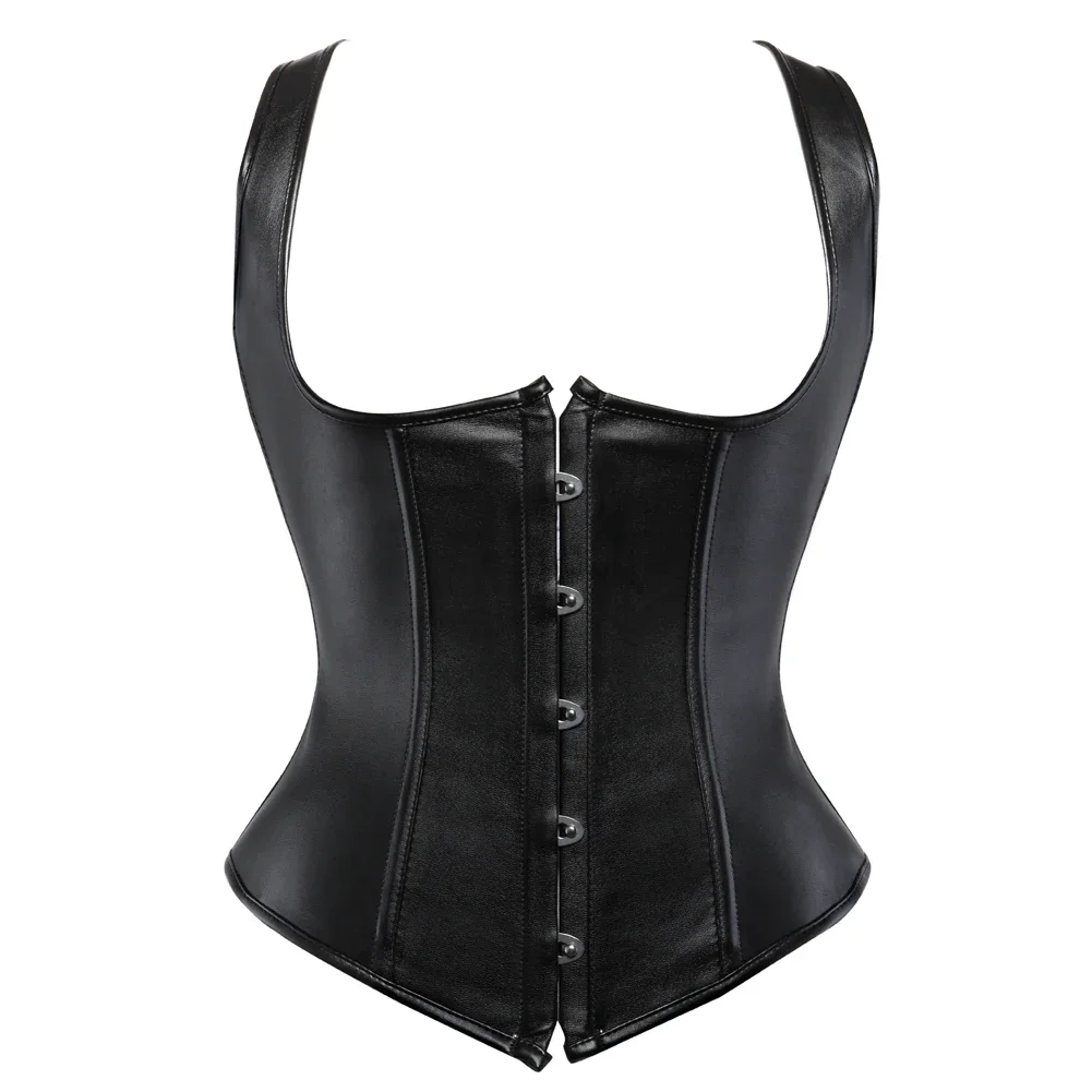 Steampunk Faux Leather Corset Sexy Lace Up Corsets Satin Steel Boned Bustiers Underbust Waist Trainer Vest with Straps Plus Size