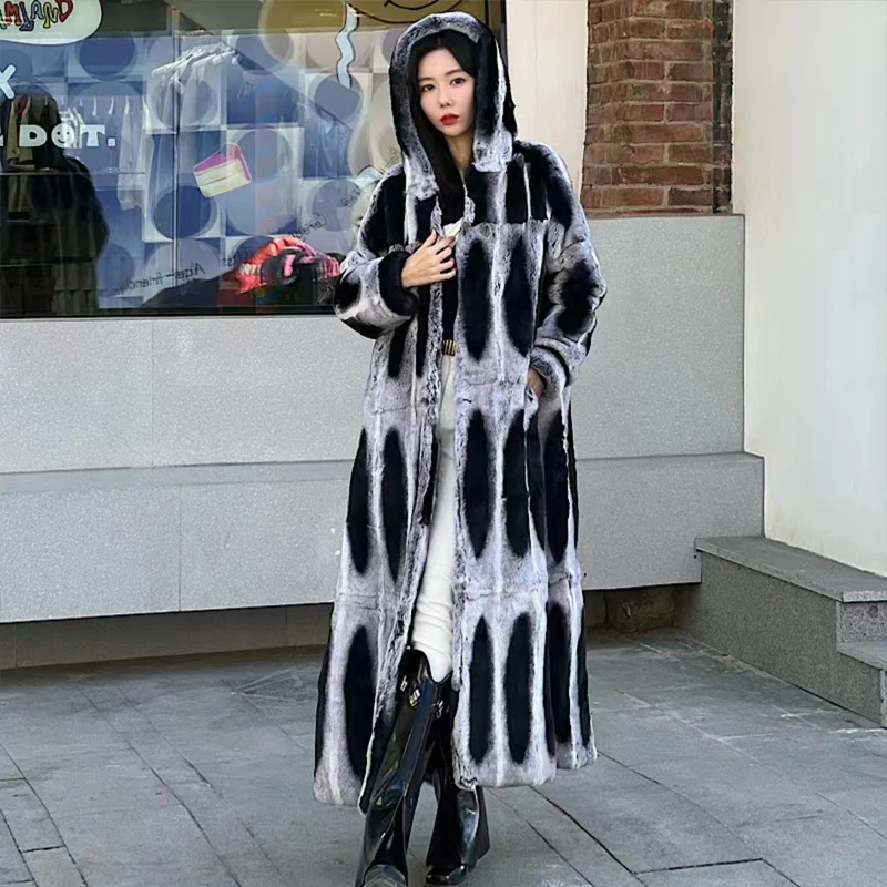 

Real Genuine Rex Rabbit Chinchilla Fur Coat With Hood Women Luxury New Design Oversize Fur Jackets