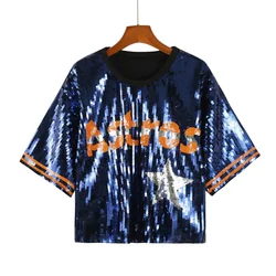 Summer Striped Patchwork Short Sleeve Letter Streetwear Loose T-Shirt Sequins Hip Hop Night Club Straight Women's Wear