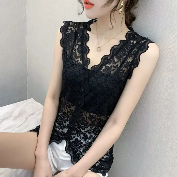 V-neck Lace Camisole Women\'s Summer New Sexy Inner Wear Hollow Bottoming Shirt Sleeveless Mesh Top Outerwear Tank Top