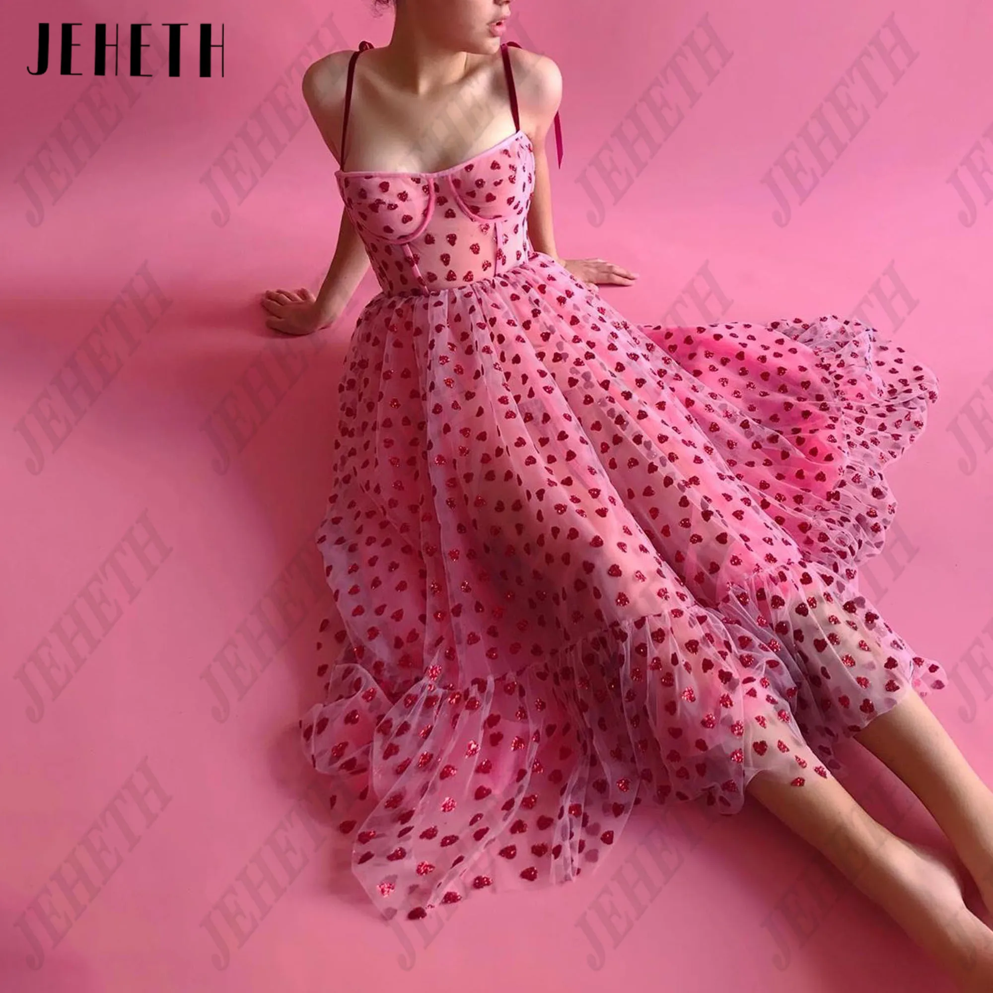 

JEHETH Pink Heart Tulle Prom Dress Fairy Sweetheart Spaghetti Straps Party Gown Tea Length vestidos de fiesta noche Customized