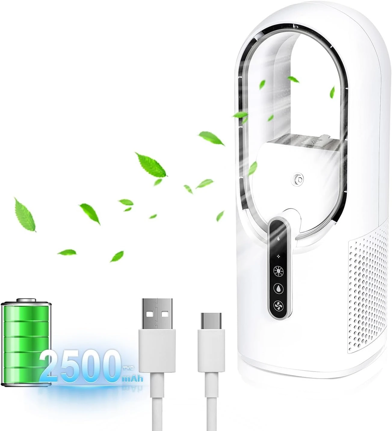 مروحة سطح المكتب المحمولة الخالية من الشفرة، مروحة شخصية لسطح المكتب مع 7 ألوان، ضوء محيط، 3 سرعات، مرطب كهربائي