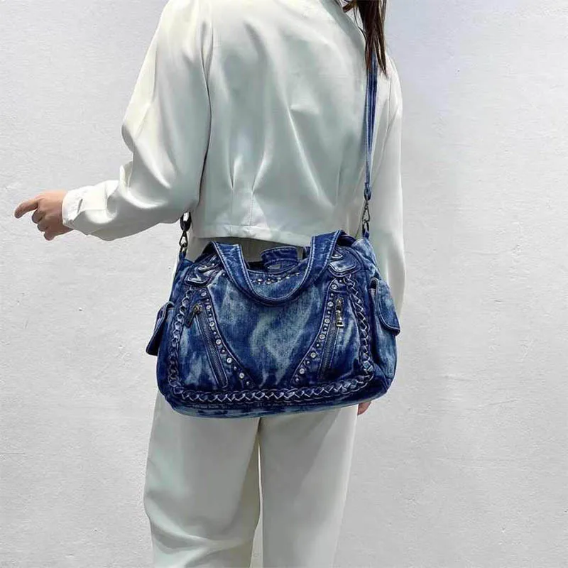 Denim Retro Unisex Grote Capaciteit Klinknagel Meerdere Zakken Handtas Schouder Messenger Crossbody Tas Tas Jean Vrouw Portemonnee