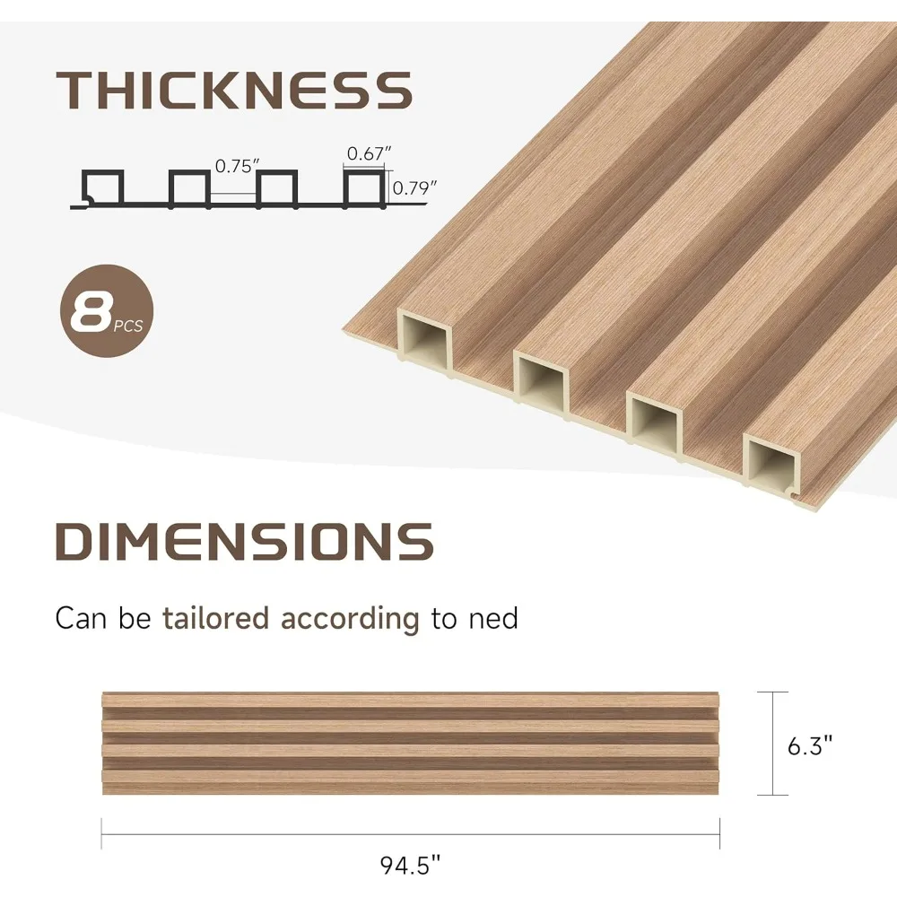Panneaux muraux à lattes, paquet de 8 lattes en bois à lattes d'accent 95x6 pouces pour murs et plafonds, panneaux acoustiques pour mur intérieur, décoration moderne
