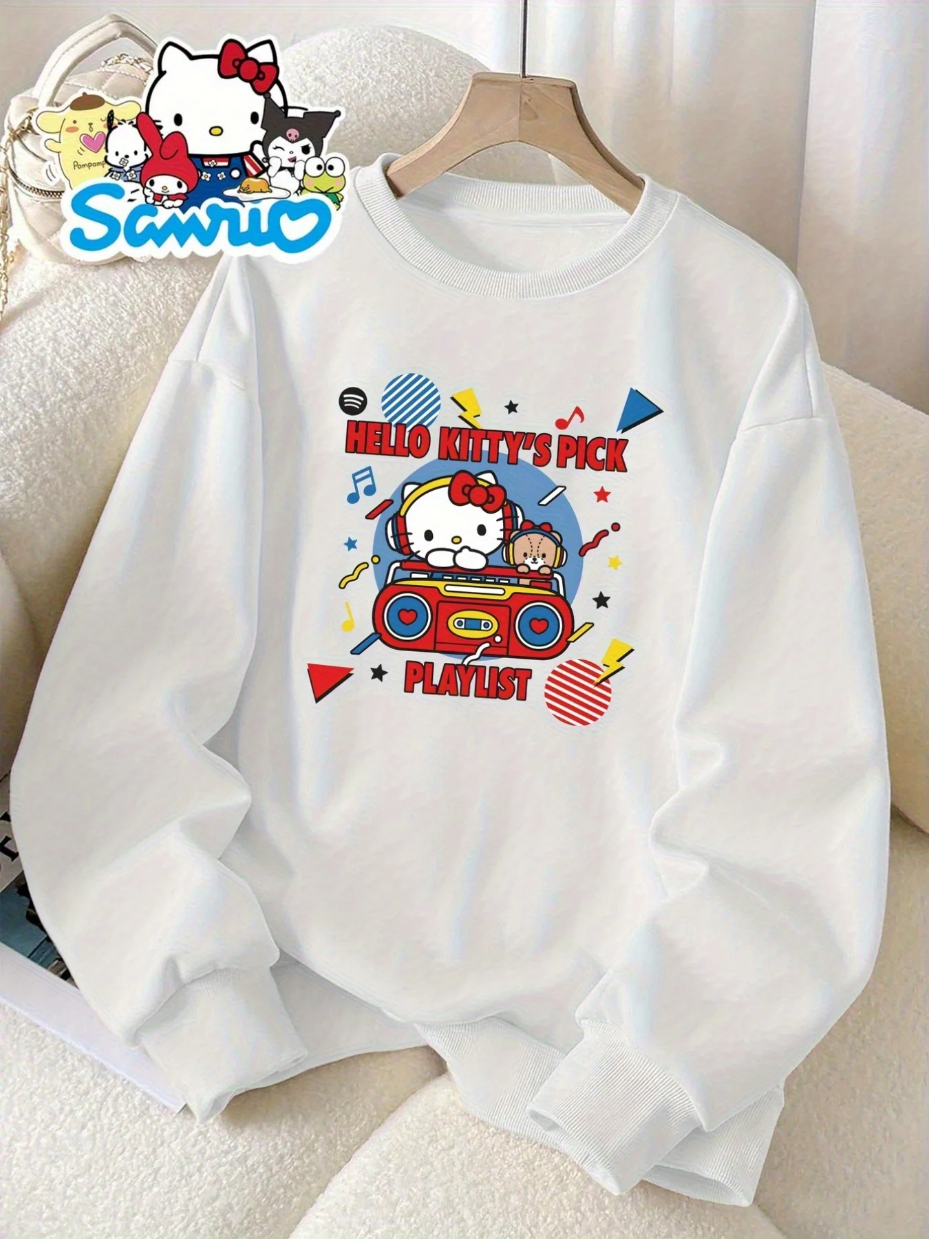 Sanrio Hello Kitty Pull blanc surdimensionné pour femme avec col rond imprimé et visage Hello Kitty emblématique - Style automne/hiver