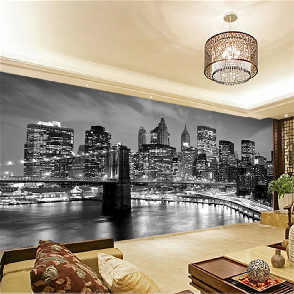 European Black White Urban Architecture Nighscape Mural Wallpaper Individualized Background Simple Living Room Decor