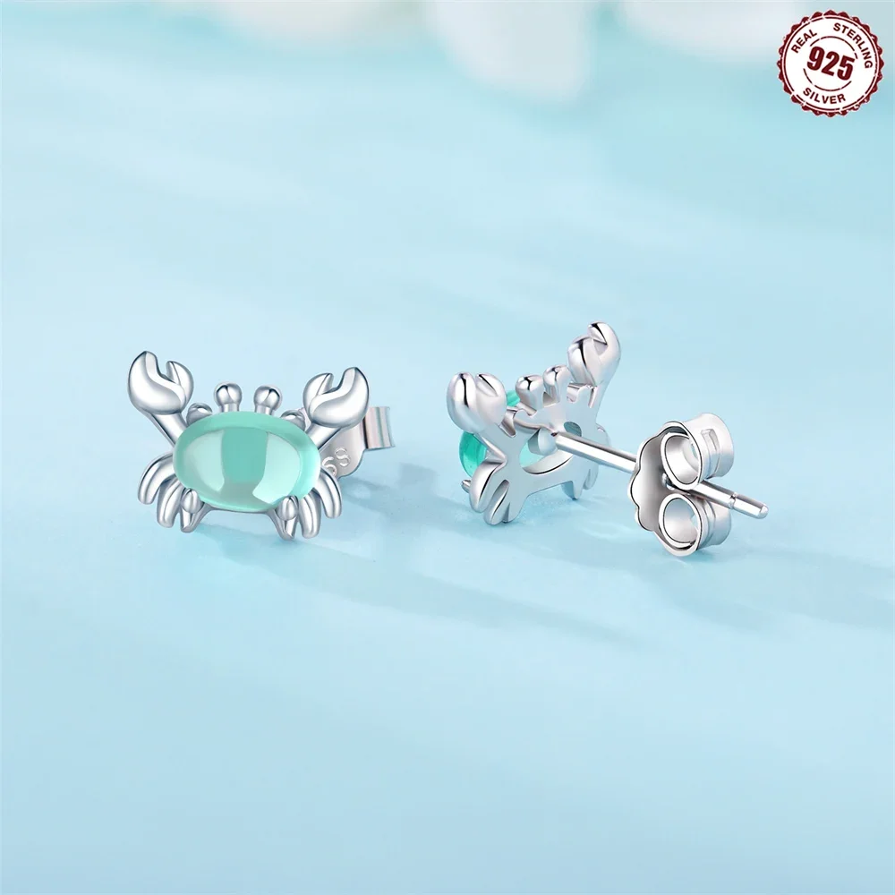 Summer 925 Sterling Silver Animal Panda Earrings Green Coloured Glaze Crab Stud Earrings for Women Beach Party Jewelry Gifts