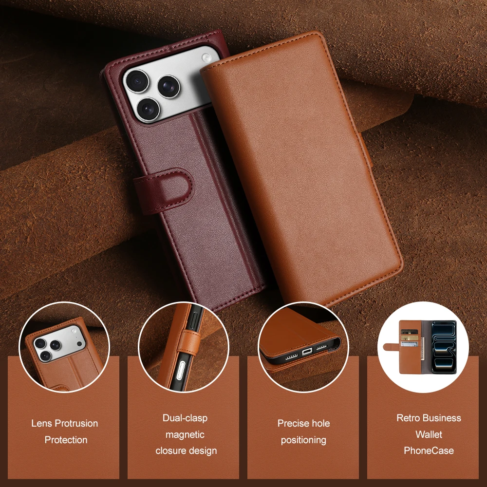 

Premium Genuine Leather Flip Case For iphone 15 16 17 Pro Max 17e 16e 14 11 12 13 Mini 7 8 Plus Phone Wallet Case Cover Coque