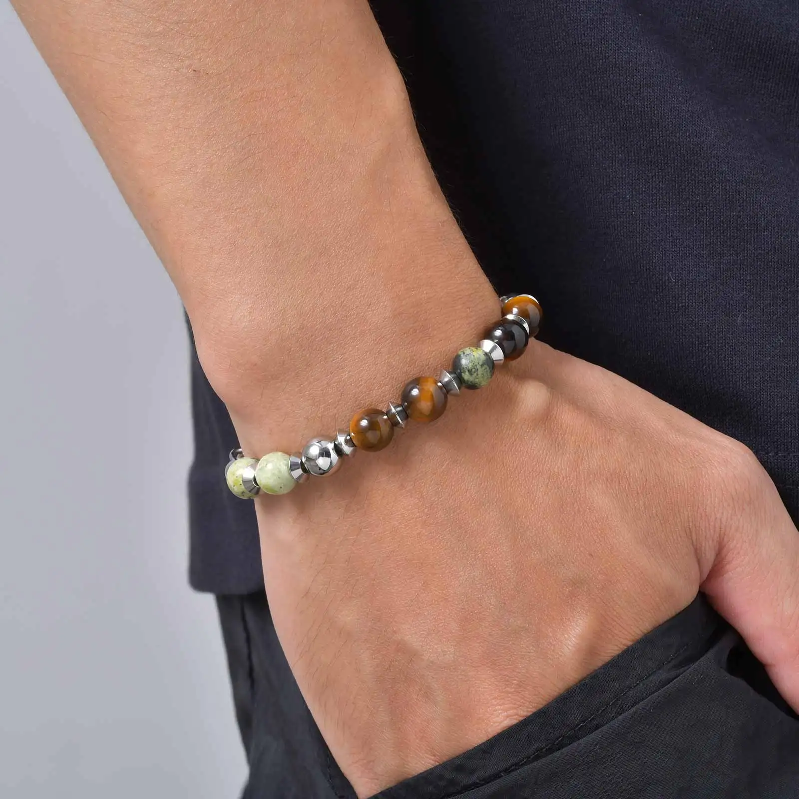Vnox Naturstein-Perlenarmband für Herren, Edelstahl-Mehrschichtkette, Tigerauge, Obsidian, verstellbarer Armschmuck, Geschenk – Detail 5