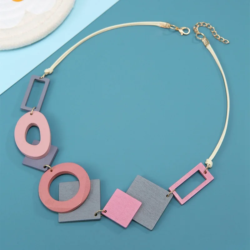 Boho Vintage Multicolour Wooden Geometric Bib Necklace for Women 2023 New Handmade Maxi Necklaces Ethnic Statement Neck Jewelry