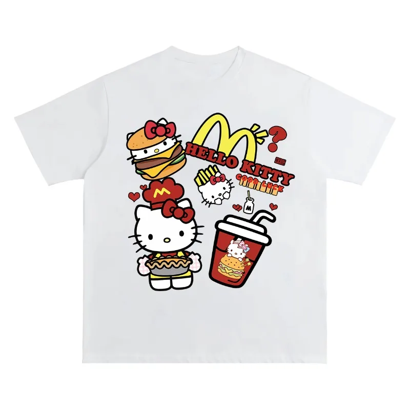 

Hello Kitty Cat Mammon Printed Short-sleeved T-shirt Female Summer New Loose Casual Couple Retro Sanrio Harajuku Half-sleeved