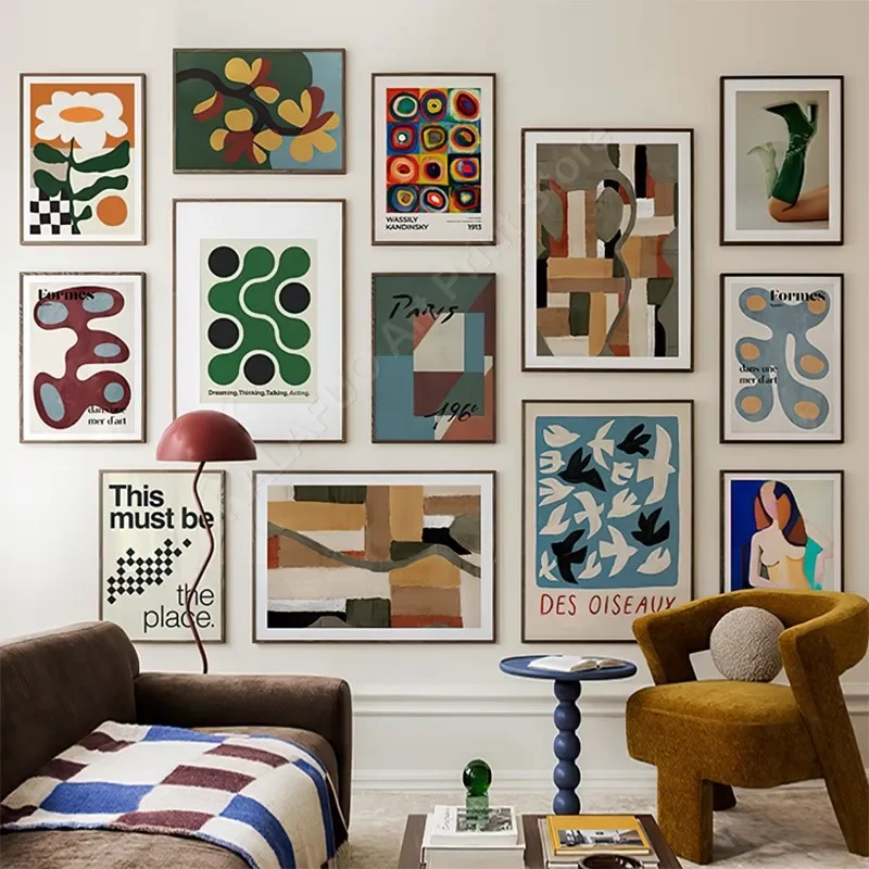 Retro-Vogel- und Blumen-Flüssigkeitsformen Leinwand-Wandkunst Ästhetische Wohnzimmerdekoration Galerie-Poster-Druck