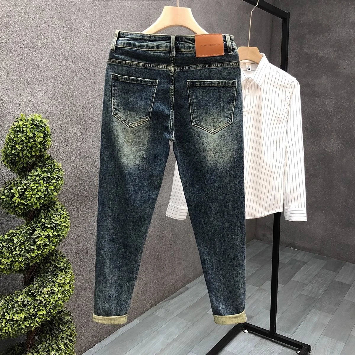 

Simple Style Men's Jeans Spring Autumn Trendy Korean Version Slim Fit Nine Point Pants Fashionable Casual Pants