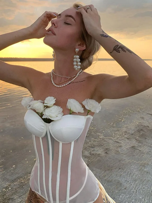 

Sexy Strapl Top Women's Waist-Cinching Me See-tough Splice Brtte Thin Fabric Woven Chinese Production