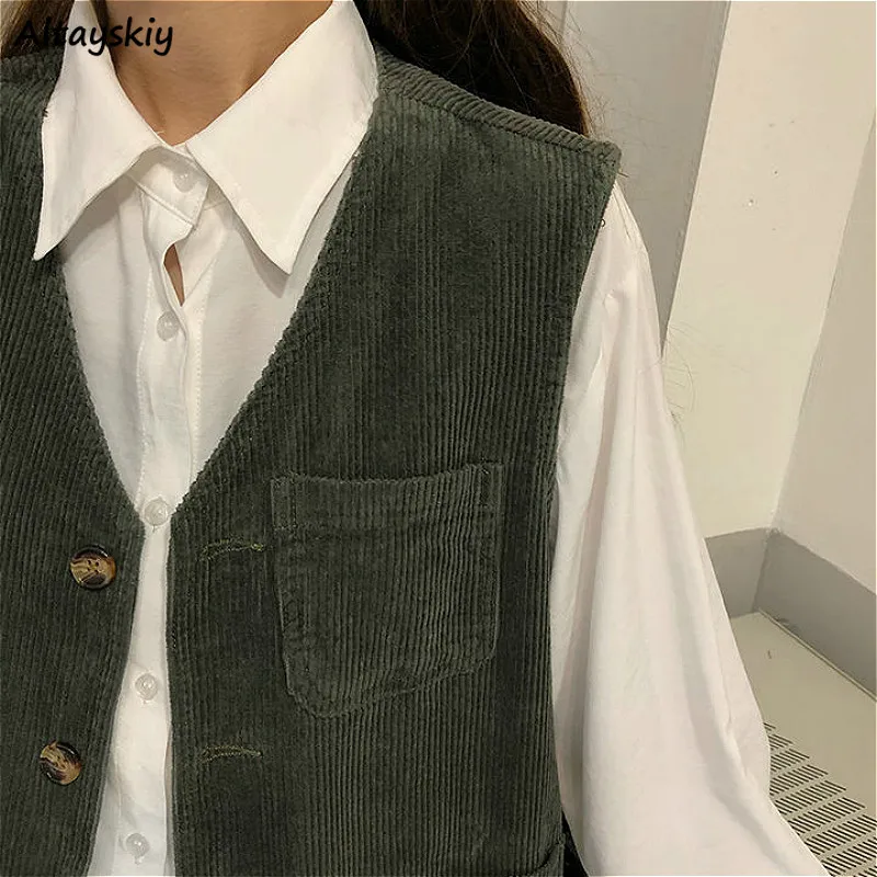 

Vests Women Spring Korean Style Ladies Vintage Fashionable Outerwear Students Loose Solid V-neck Comfortable Ulzzang Sleeveless