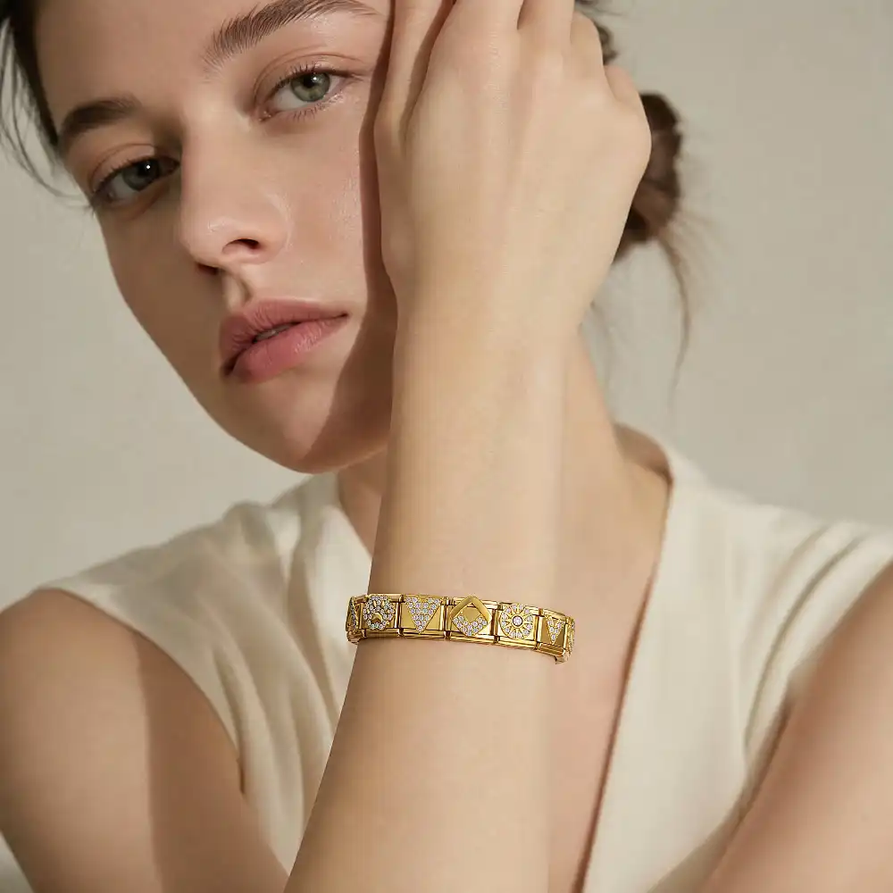 URING Glänzender Zirkonia Modischer Goldfarbener Edelstahl Italienischer Charm-Anhänger Passend für 9mm Armband DIY Schmuckzubehör – Detail 5
