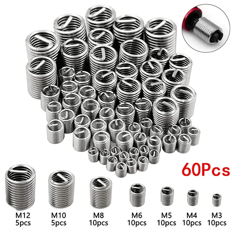 

60Pcs Wire Thread Insert M3 M4 M5 M6 M8 M10 M12 Fastening Thread Insert Stainless Steel Spiral Wire Screw Sleeve Wear Repair Kit