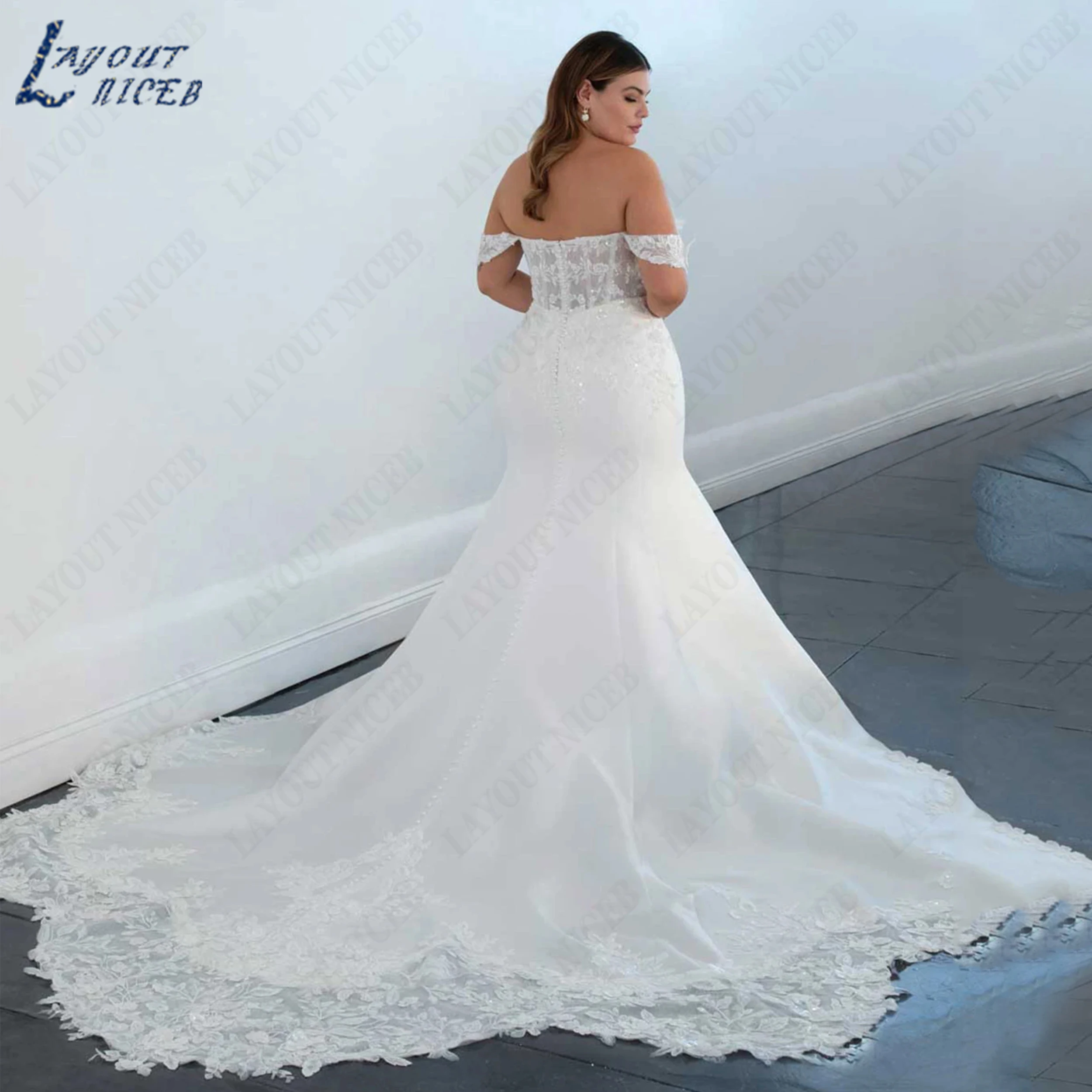 LAYOUT NICEB Customized Satin Mermaid Bridal Dress Lace Applique Sequin Wedding Gown Off The Shoulder Bride Gowns For Women